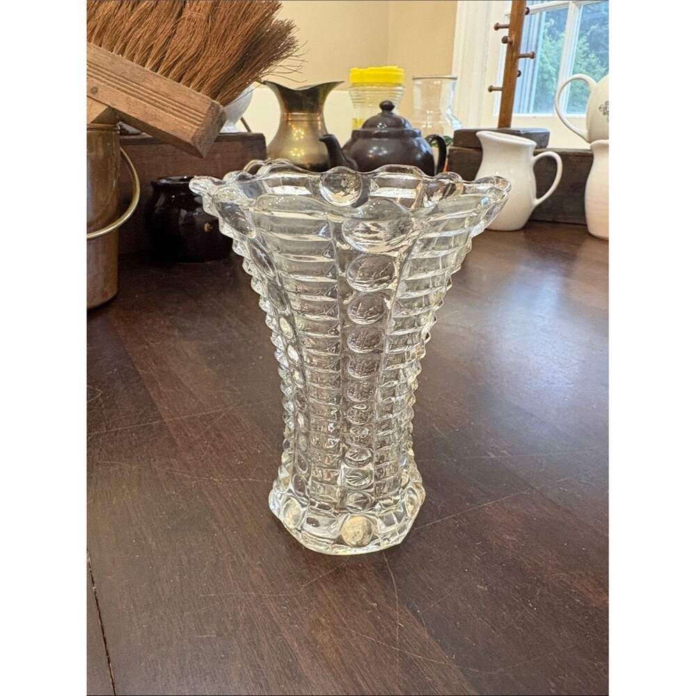 Indiana Glass Vintage Mayflower Pattern Clear Bubbled & Bars Vase